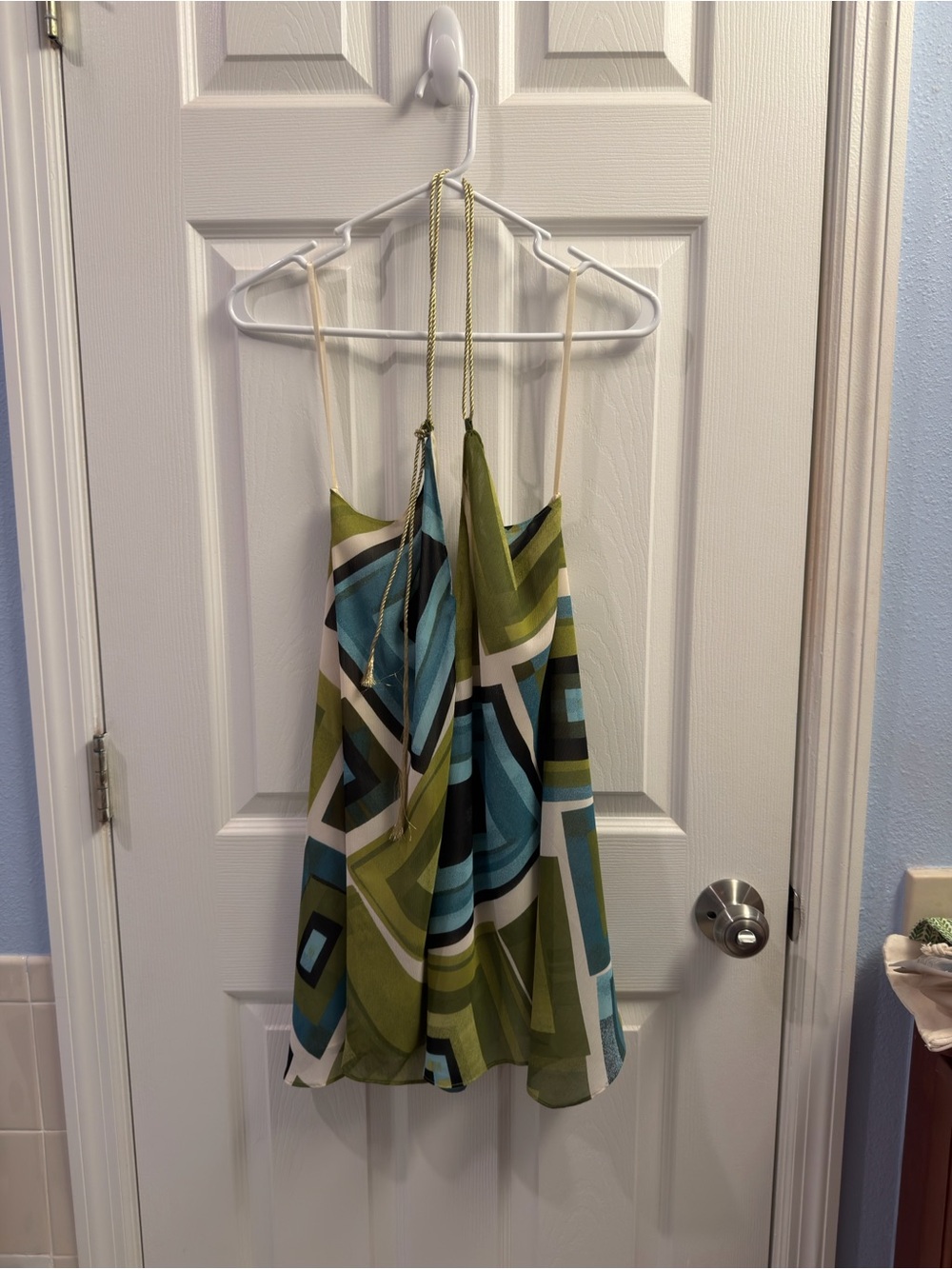 New York & Company Green and Blue Geometric Spaghetti Strap Tank